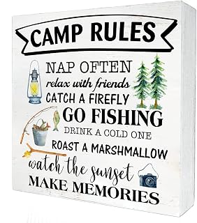 Camp Rules Wood Box Sign Home Cabin Decor Rustic Camping Wooden Box Sign Block Plaque for Wall Tabletop Desk Decoration