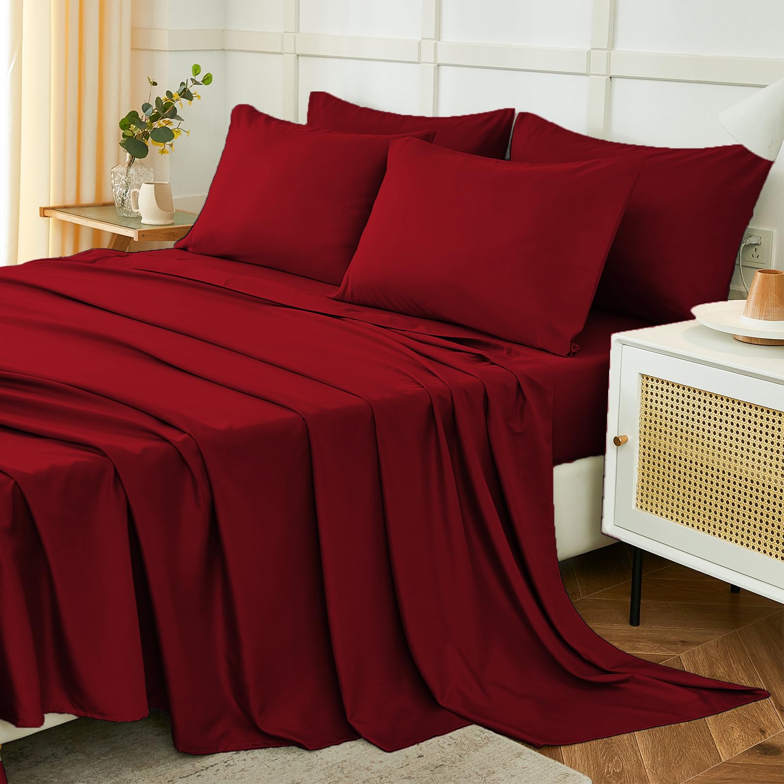 Drap housse ajustable 90x200 bordeaux avec drap plat et taie d'oreiller