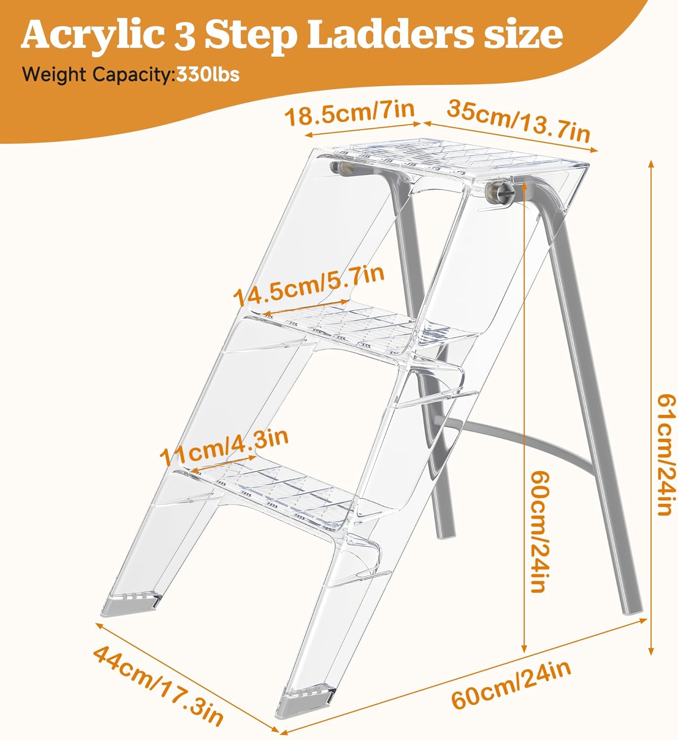 Acrylic 3 Step Ladder, Folding Transparent Step Stool for Adults with 330 lbs Capacity and Anti-Slip Wide Pedals, Modern Decorative Step Ladder for Home Display Shelf, Flower Stand & Photography Props