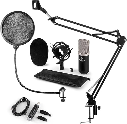 auna CM003 Mikrofon-Set Kondensatormikrofon USB-Konverter Mikrofonarm Pop-Schutz  XLR-AnschluAY  Nierecharakteristik  Mikrofonspinne  XLR-USB-Adapter  schwarz