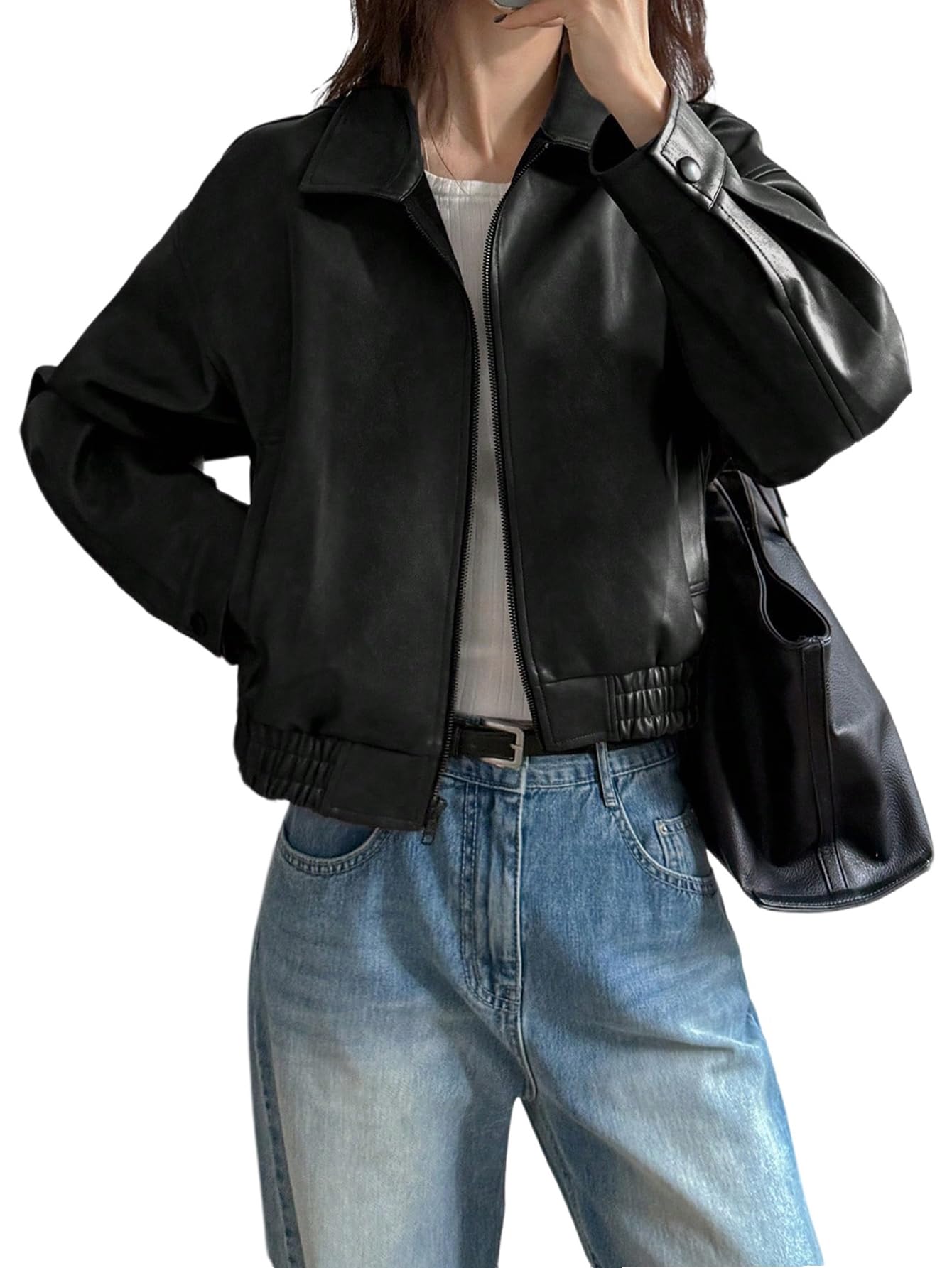 GORGLITTER Veste Y2k en cuir synthétique pour femme - Col montant - Veste d'automne à manches longues - Veste de loisirs avec poches - Veste de transition ample