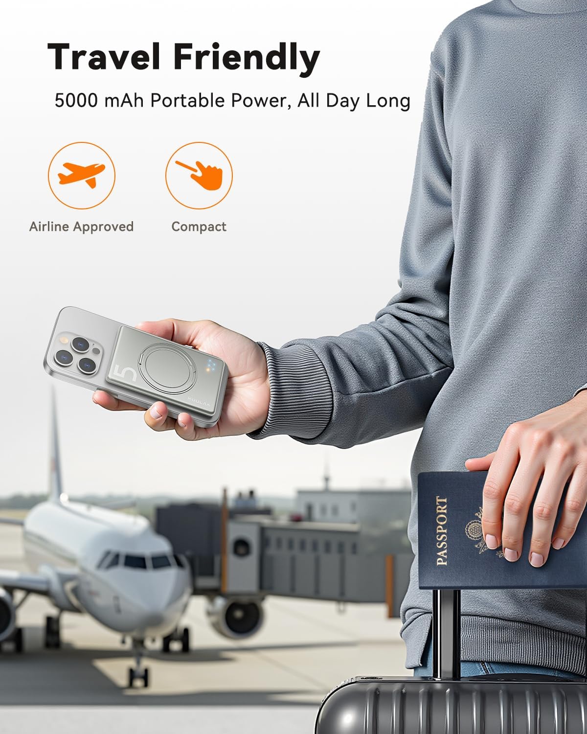 Kuulaa 5000mAh Magnetic Power Bank for iPhone 0.41in Slim Magsafe Battery Pack Wireless Portable Charger with Rotable Stand 20W PD USB C Output for iPhone 17/16/15/14/13/12 Series (Titanium)