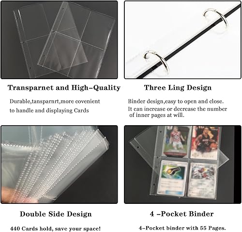 Miniatura 5 de Carpeta de tarjetas para tarjetas, 4 bolsillos, 440 bolsillos, álbum portátil de coleccionista de tarjetas con 55 fundas extraíbles, tarjeta de