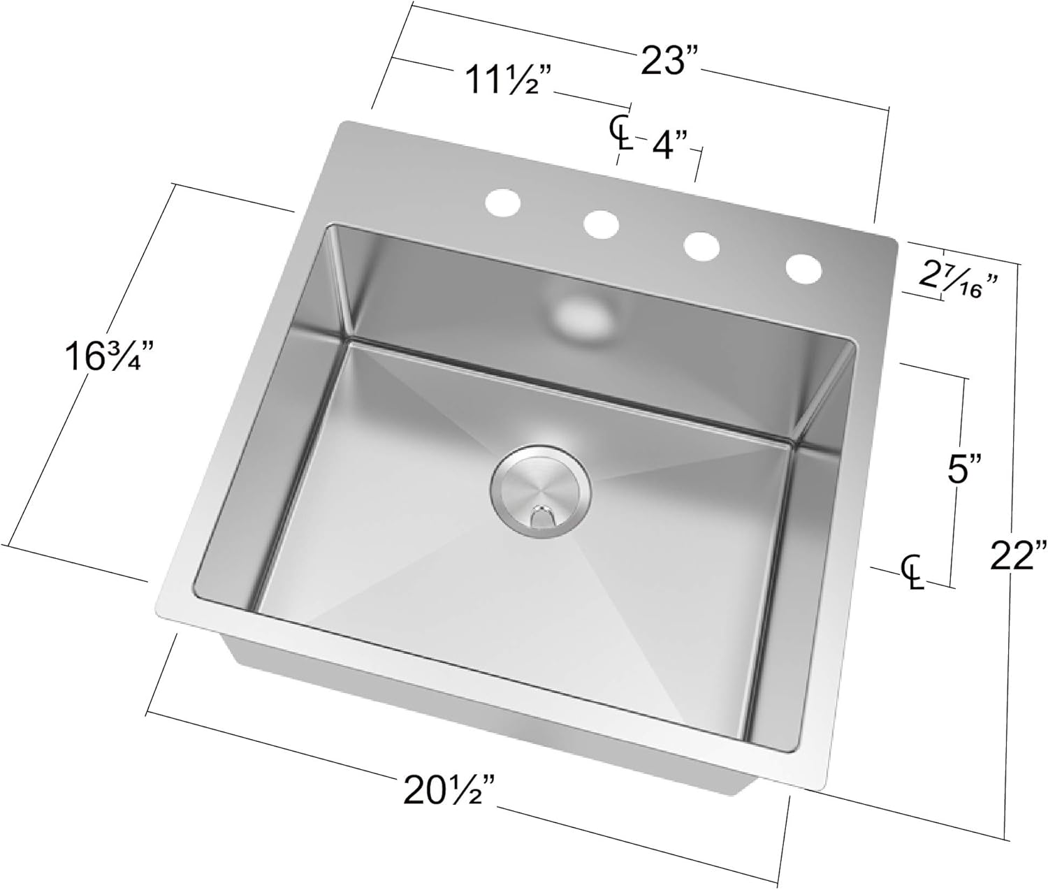 Transolid DTSB232210 Diamond 1-Hole Dual Mount Single Bowl 16-Gauge Stainless Steel Kitchen Sink 23-in x 22-in x 10-in Brushed Finish
