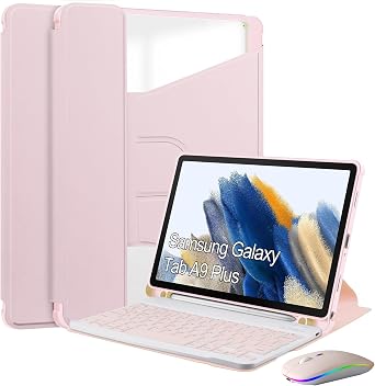Keyboard Case for Samsung Galaxy Tab A9 Plus 11 Inch 2023-7 Color Backlit, 360 Rotating Cover with Detachable Wireless Bluetooth Keyboard,Pink