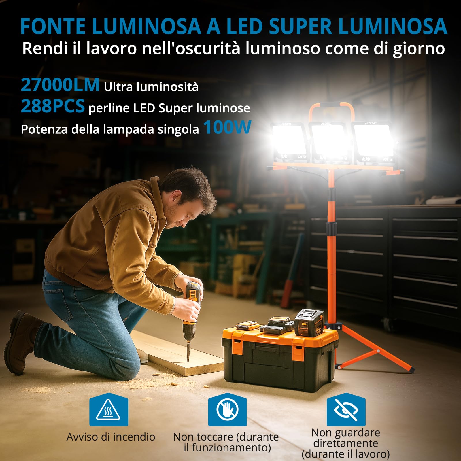 AUTOUTLET Faretto da Cantiere con Treppiede 300W 27000LM,3000/5000/6500K