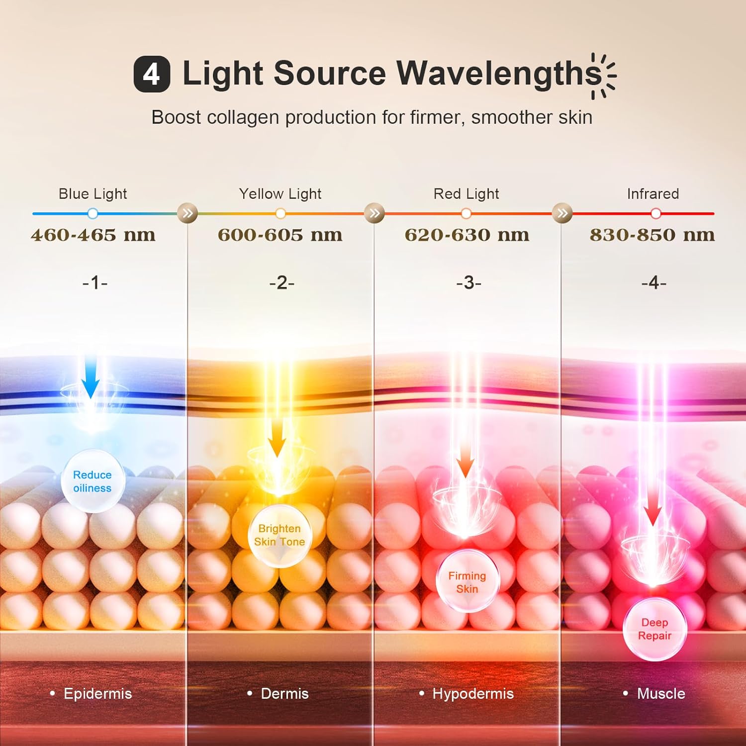Diagram showing penetration depth of blue, yellow, red, and infrared light wavelengths into different skin layers (epidermis, dermis, hypodermis, muscle).