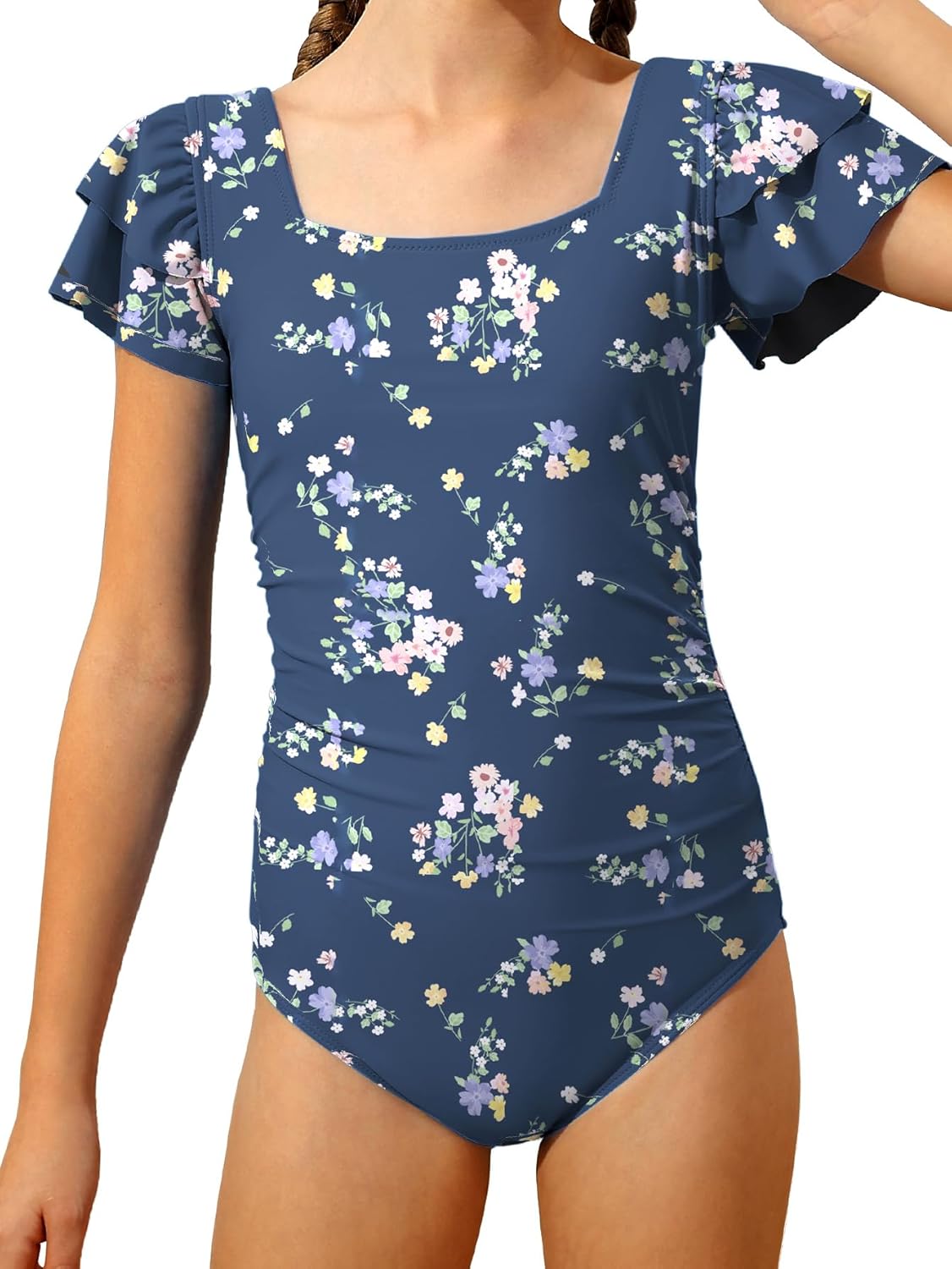 Girls Ruffle Sleeve One Piece Swimsuit Square Neck Ruched Bathing Suit Modest Swimwear for Tween 9-16