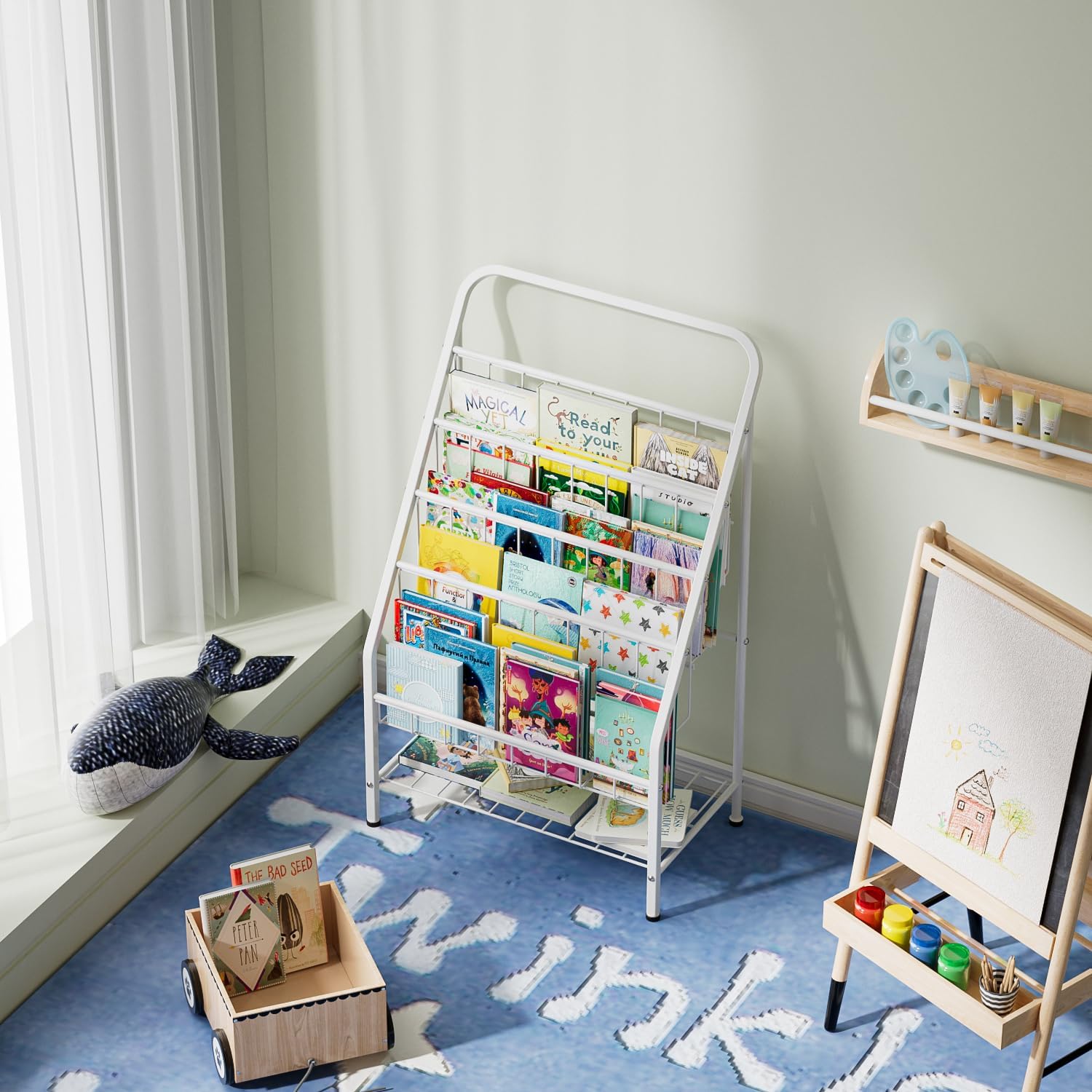 JAQ White Kids Bookshelf, 4-Tier Metal Book Display Rack for Small Spaces, Modern Toddler Bookshelf for Nursery & Playroom, Space-Saving Forward Facing Child Bookcase (28.35" Height, White) - Image 8