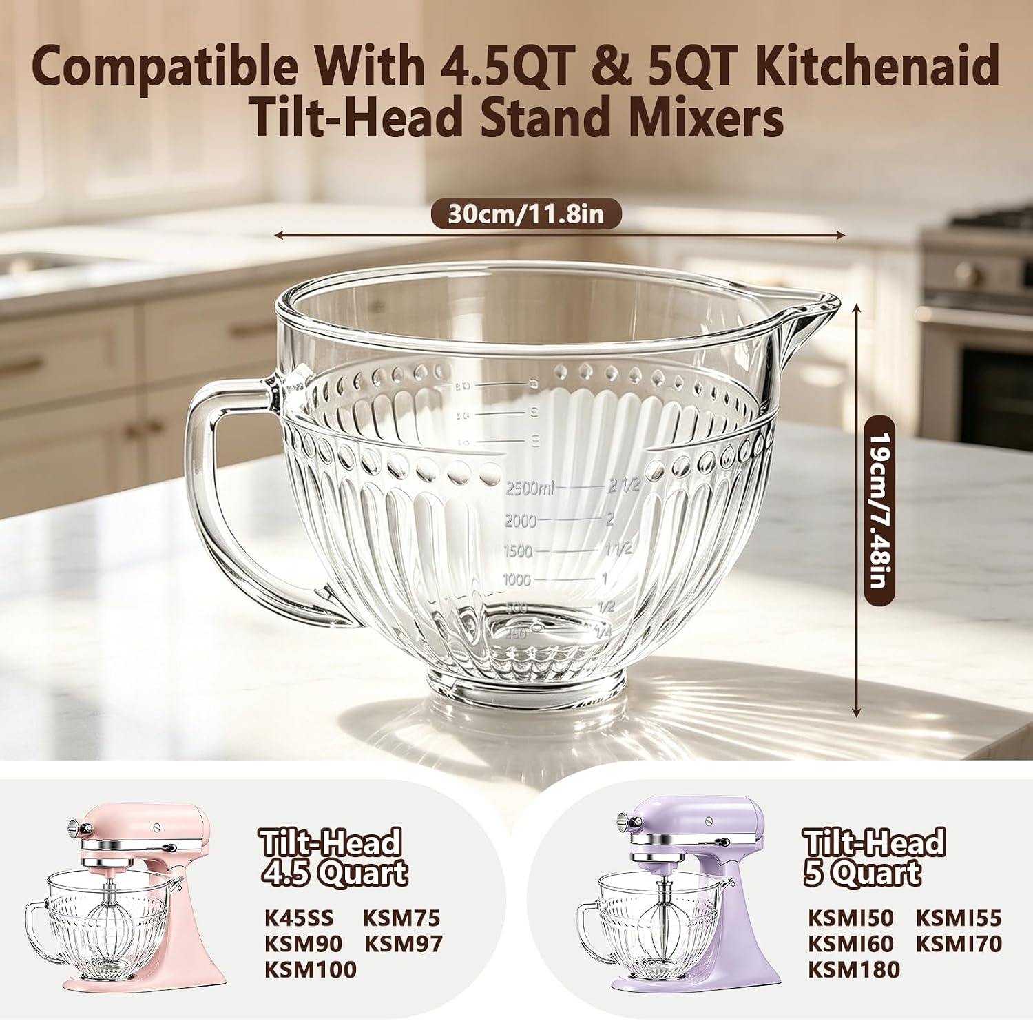 5QT Glass Mixer Bowl for KitchenAid 4.5 and 5 Quart Tilt-Head Stand Mixers