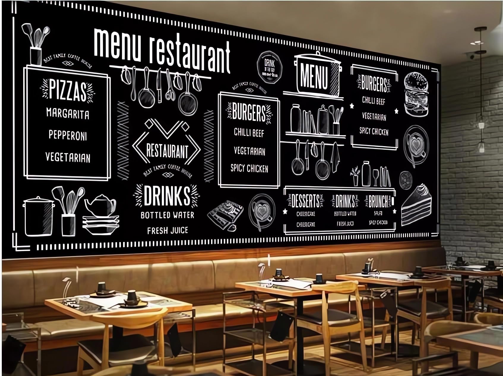 Fond d'écran 3D tableau noir peint à la main fresque murale café bistrot 150x105cm