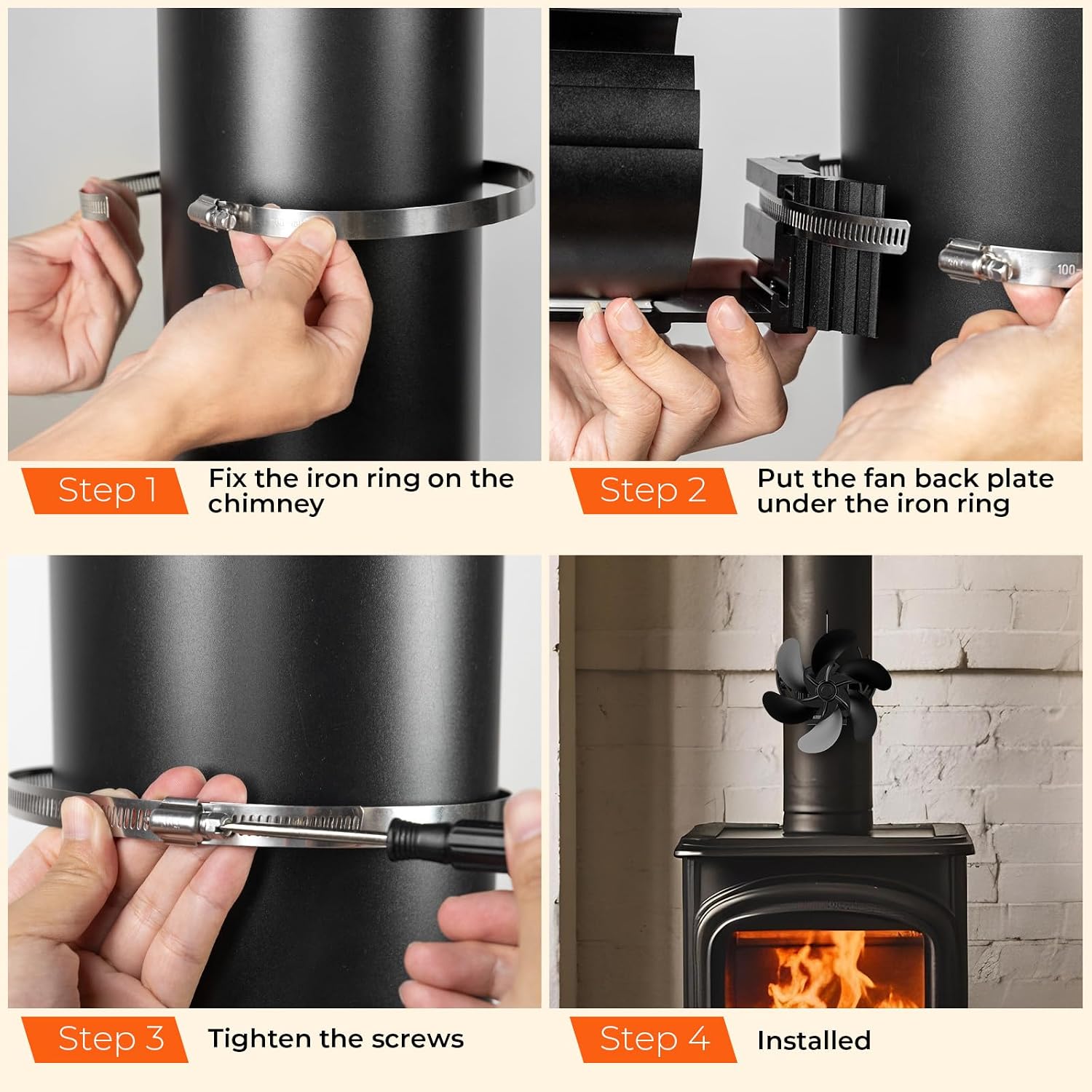 Wood Stove Fan, 6 Blades Heat Powered Fireplace Fan with Magnetic Thermometer, Upgrade Chimney-Bundled Type Fireplace Fan, Silent Fans for Log Burner Metal Wood Stove Pipe