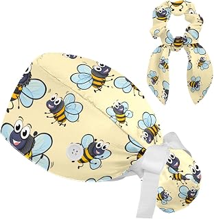 FVQL 2 Pieces Surgical Cap for Long Hair Scrub Cap with Hairband Nurse Cap, Seamless Pattern Bee Animal Cartoon