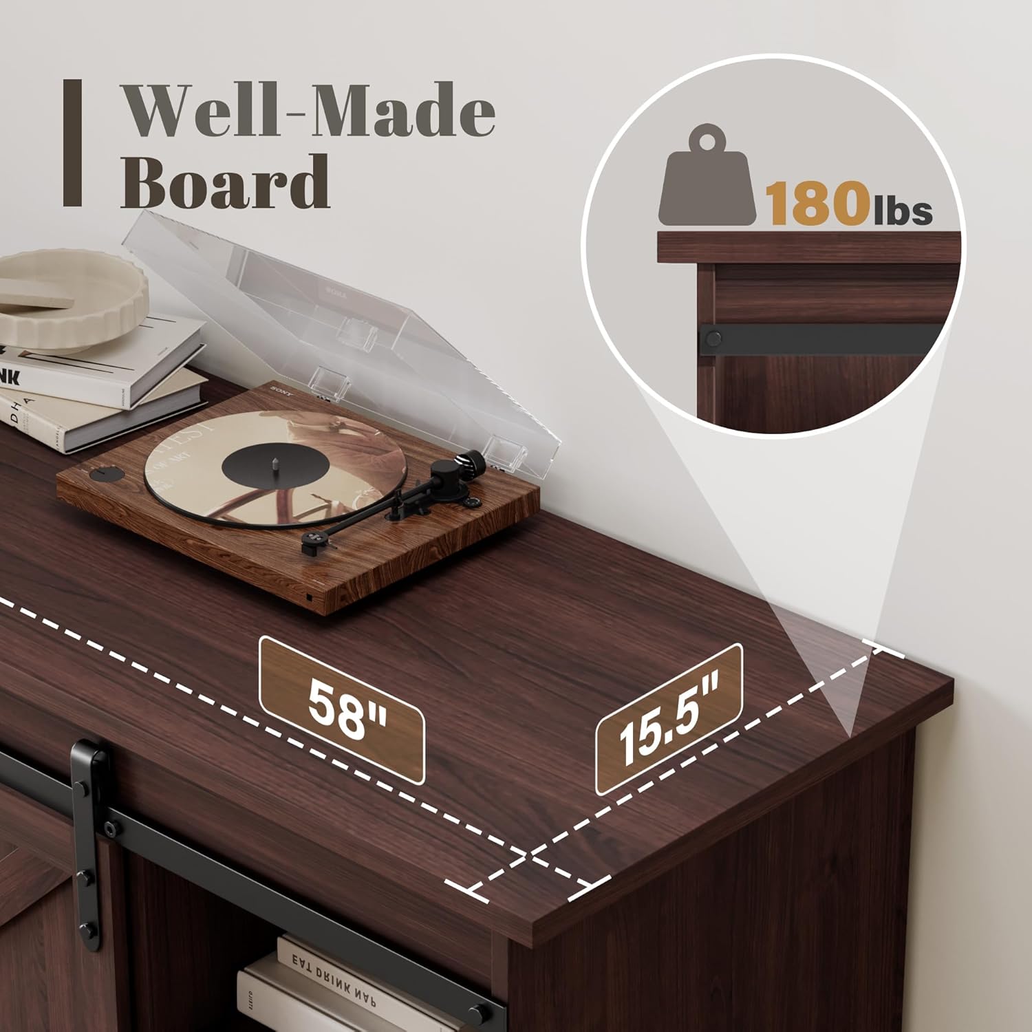 Close-up of the TV stand's top board indicating 180 lbs weight capacity and dimensions