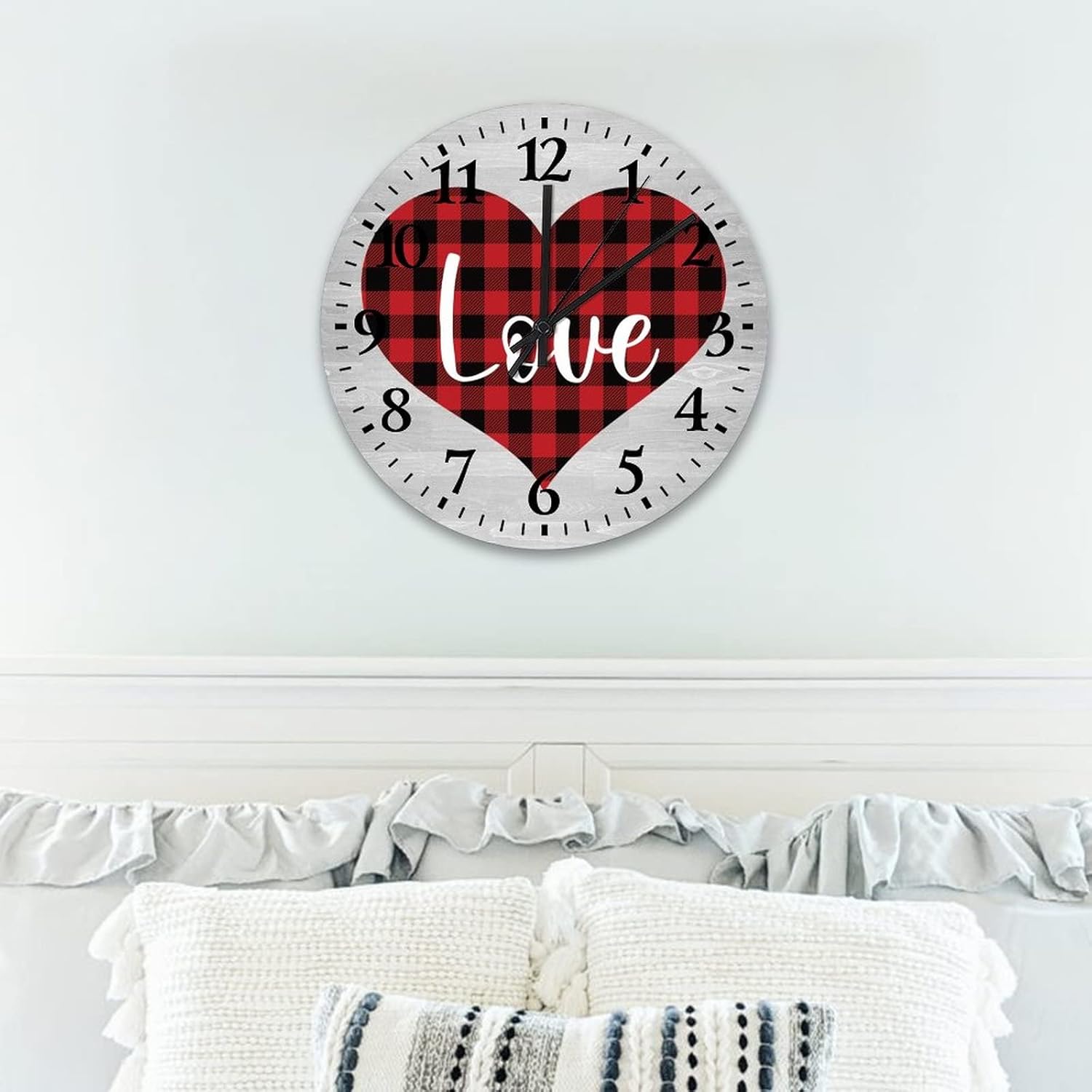 Valentine's Day Love Wooden Wall Clock 15 Inch, Buffalo Red Plaid Love Quote Cool Room Decor Quality Quartz Non Ticking Round Arabic Numbers Clock for Kids Room and Kitchen