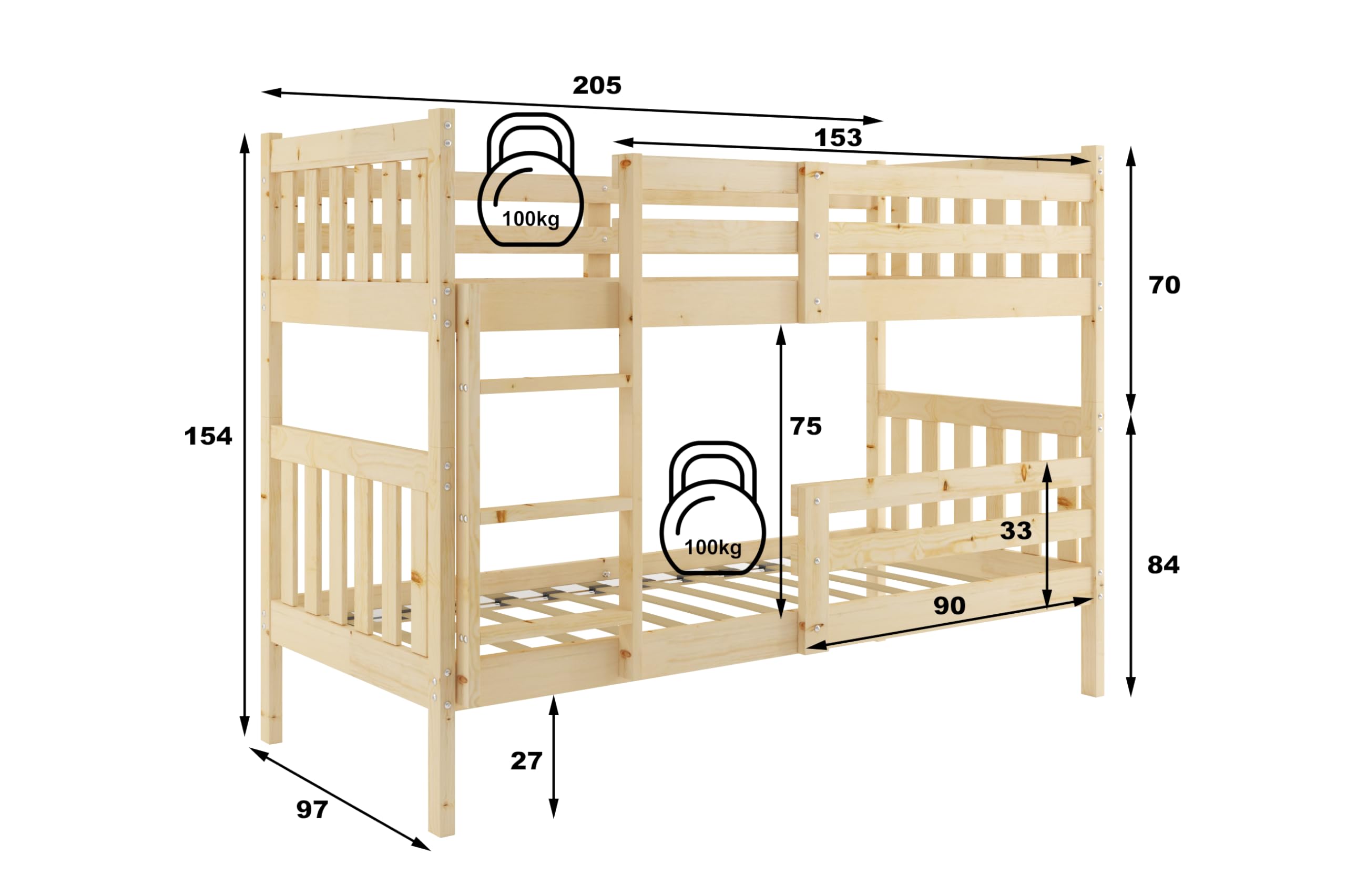 Interbeds Etagenbett Kaspar 200x90 Hochbett Stockbett aus Kiefernholz roh mit Leiter mit Lattenrost Naturholz Jugendbett Kinderbett für 2 Personen, teilbar in 2 Einzelbetten (Naturholz, 200x90)