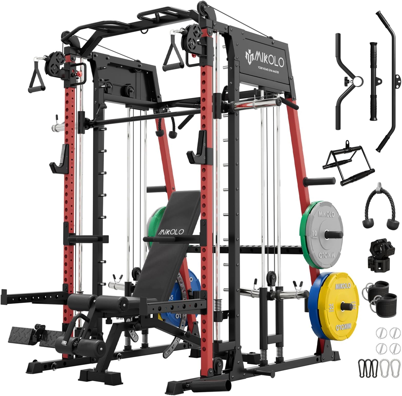 Mikolo Smith Machine, 2200lbs Squat Rack with LAT-Pull Down System & Cable Crossover Machine, Training Equipment with Leg Hold-Down Attachment, Garage & Home Gym Package (Red)