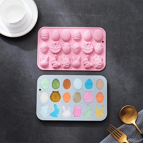 Miniatura 5 de Juego de 2 moldes de silicona para chocolate de Pascua  36 cavidades de conejo, huevo, cabeza de conejo, formas de cesta, moldes antiadherentes de
