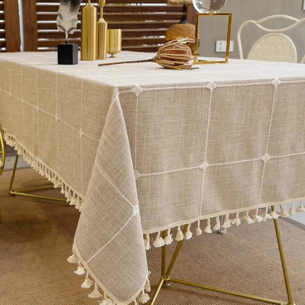 Deep Dream Tablecloths, Embroidered Checkered Table Cloth Cotton Linen Wrinkle Free Anti-Fading Table Cover Decoration for Kitchen Dinning Party Christmas, 55 x 102 Inch - Light Brown