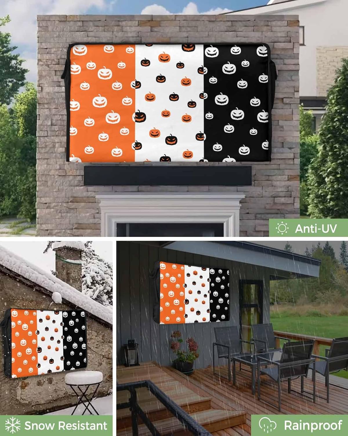 Outdoor TV Cover - Halloween Pumpkins Black White Orange Stripes Waterproof and Weatherproof 70"-75" LCD Movable Shield TV Display Screen Protector Outside Television Covers