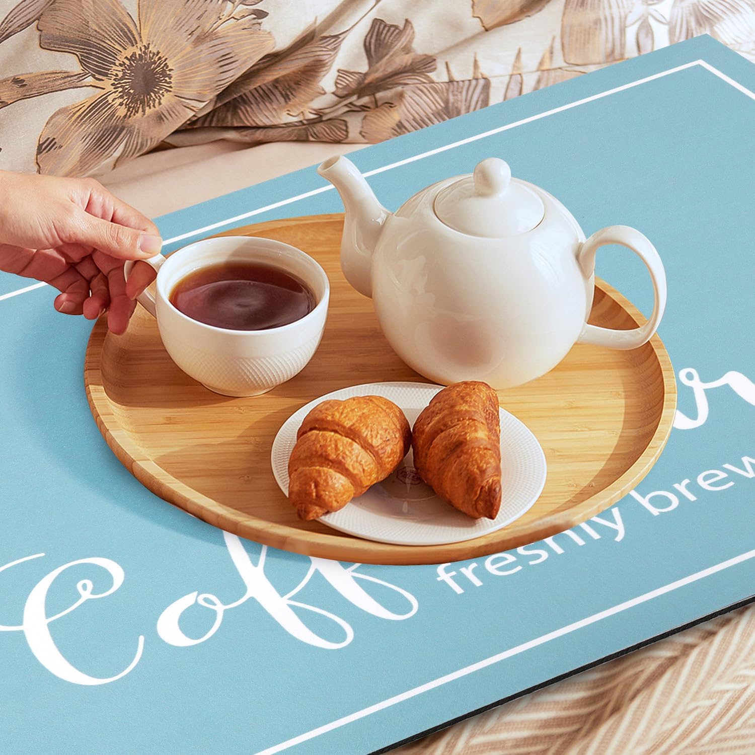 Findosom Dish Drying Mat, 17"x 32" Super Absorbent & Hide Stain Coffee Mat, Cuttable Drying Mat for Kitchen Counter, Coffee Bar Accessories, Under Dish Rack, Coffee Maker, Espresso Machine, Blue