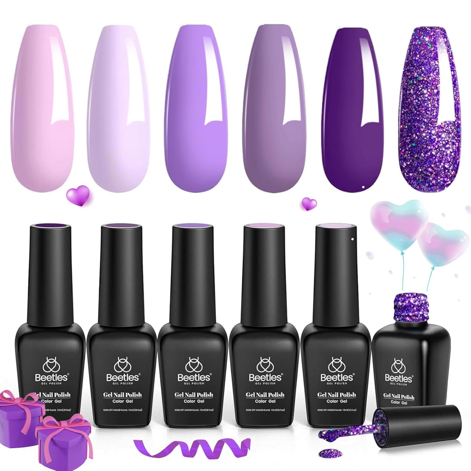 Beetles Purple Gel Nail Polish Set, 6 Colors Pastel Gel Polish Purple Glitter Pink lavender Nail Polish Soak Off U v LED Gel Nail Kit Diy Nail Art Manicure at Home Valentine‘s Gifts for Women