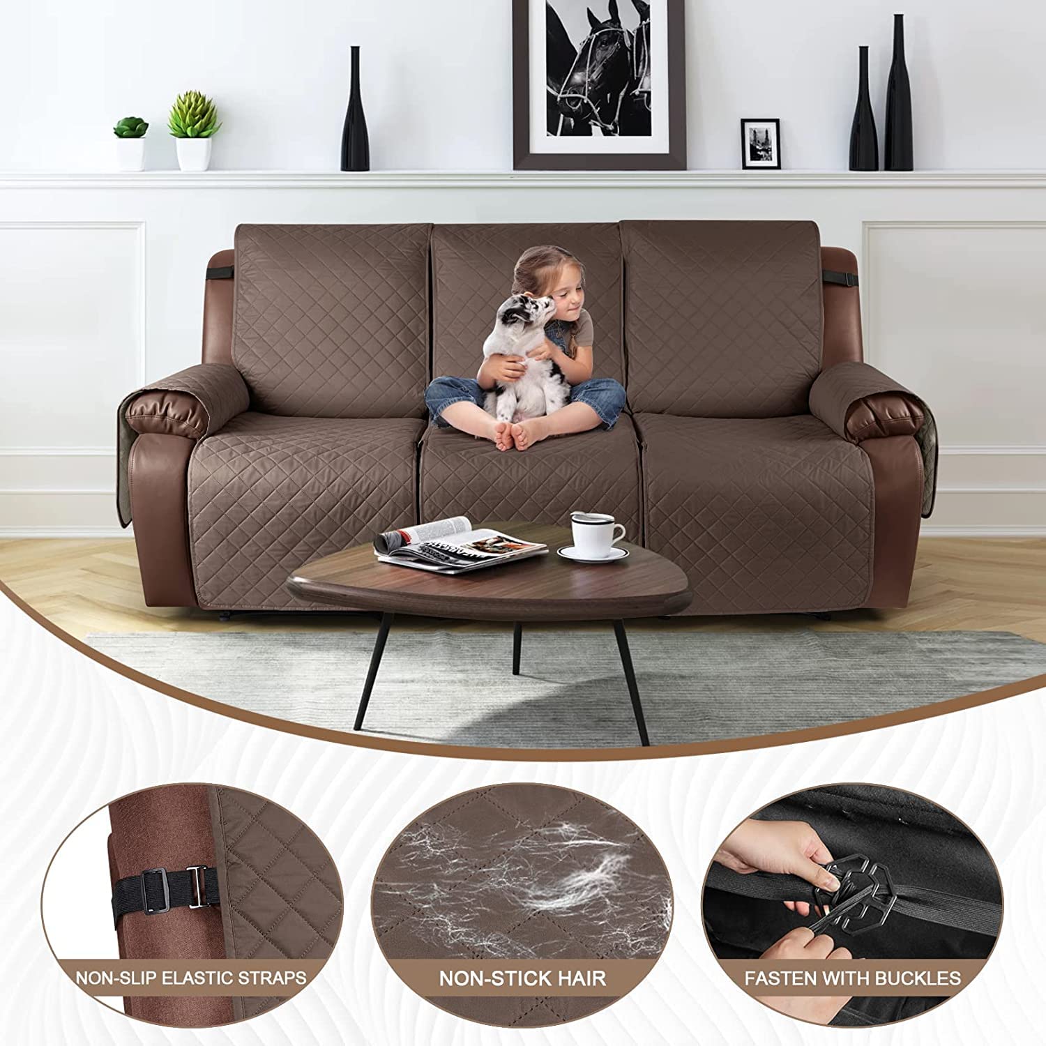 Funda de Sofá Reclinable Funda de Sillón Relax con correa elástica Fundas de Butacas Relax Antideslizantes Fundas de Muebles lavable para el hogar con mascotas y niños (Café,3 Plazas/Sofá)