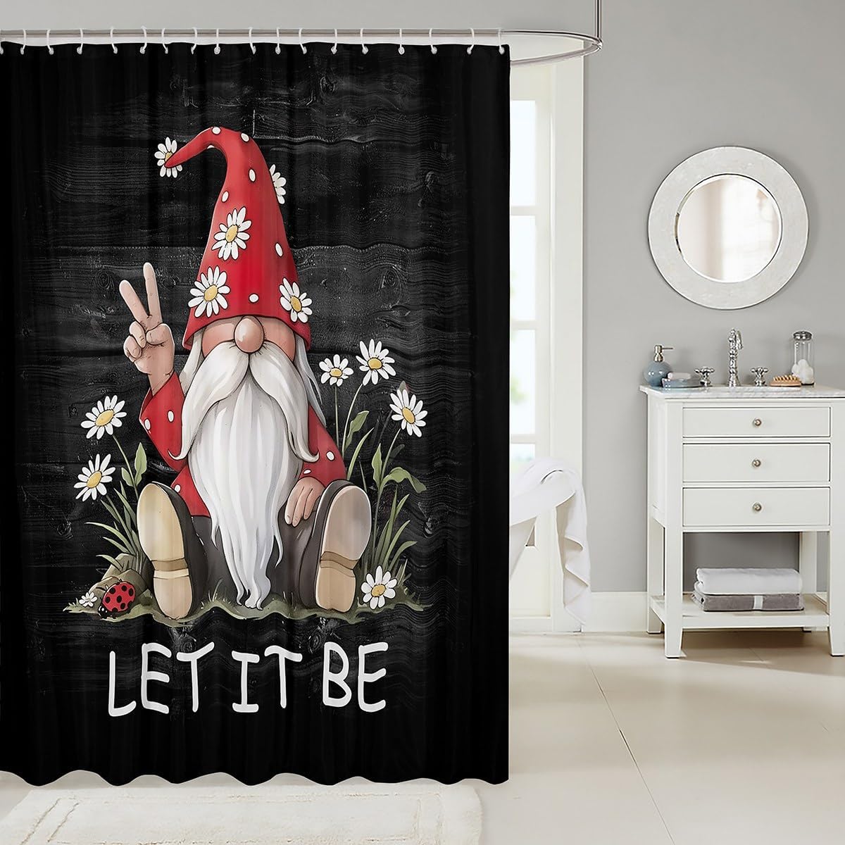 Cartoon Gnome Kids Shower Curtains,Daisy Ladybug Cute Bathroom Curtains for Girls Boys Adults,Wooden Plank Rustic Farmhouse Colorful Vinatge Waterproof Curtains,12 Hooks Suits,72" W x 78" L