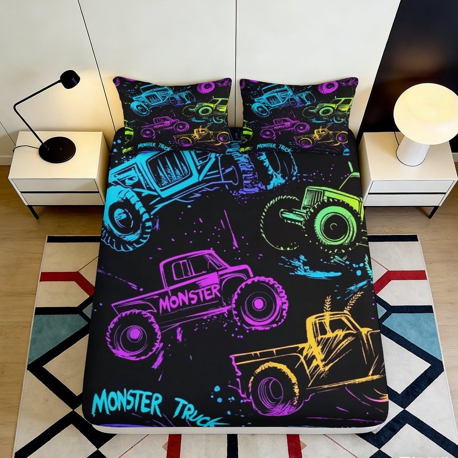 Pnayamiorkfel Style-8 3D Printed Neon Monster Truck Fitted Sheet Microfiber Colourful Bed Cover For Bedroom Dorm Mattress Protection Decor 90X200x25cm