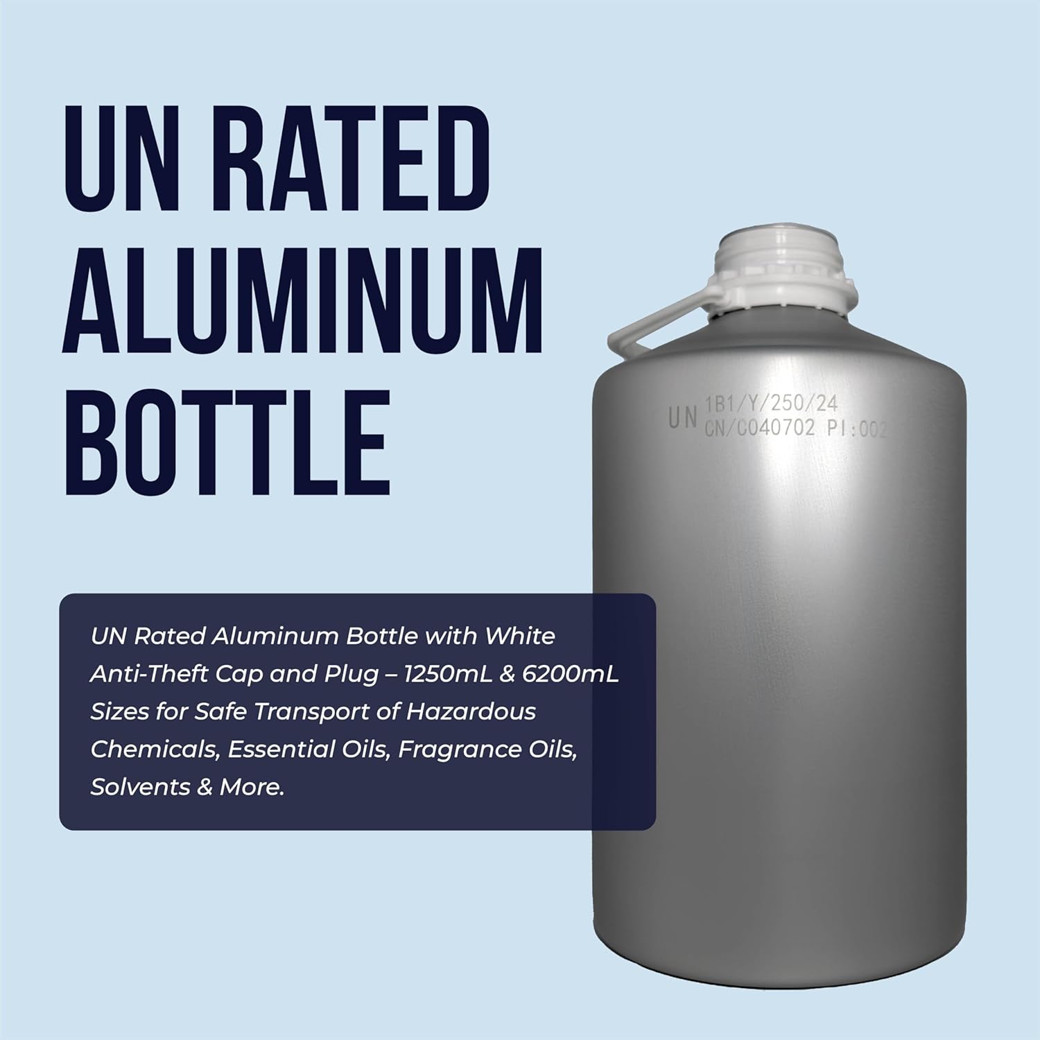 UN Rated Aluminum Bottles – Durable, High Purity Brushed Aluminum for Hazardous Chemical Transport | With Tamper Evident Caps & LDPE Plugs | 6200ml / 6kg | UN Certified for Essential Oils & Solvents