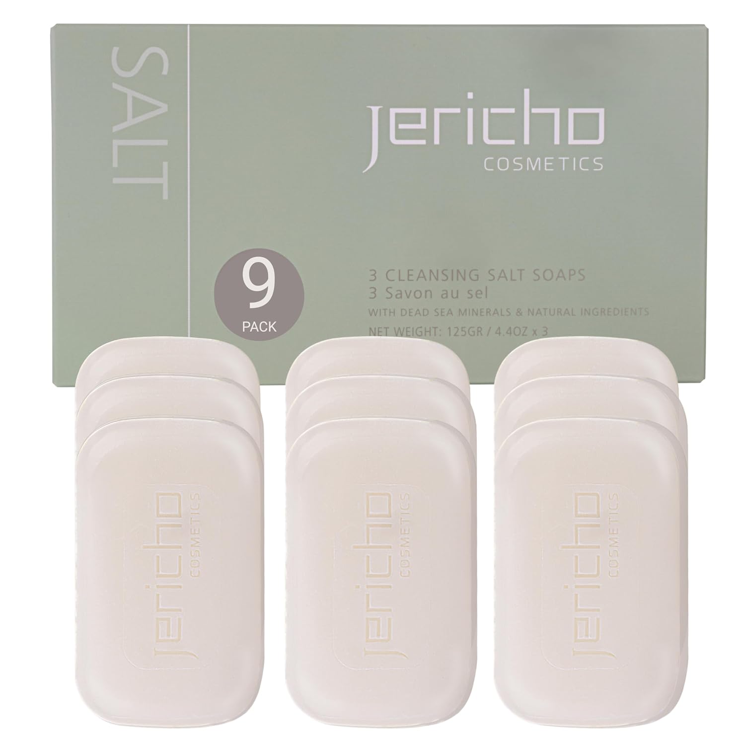 Jericho Psoriasis Dead Sea Salt Soap Bar with Olive Oil & Witch Hazel, Natural Exfoliating Face & Body Cleansing Bar for Sensitive Skin, 4.4 Oz / 125 g (Pack of 9)