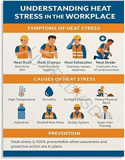 Workplace Heat Stress Prevention Poster Understanding and Management Guide Infographic Canvas for and Compliance(Unframed,08x12inch(20x30cm))