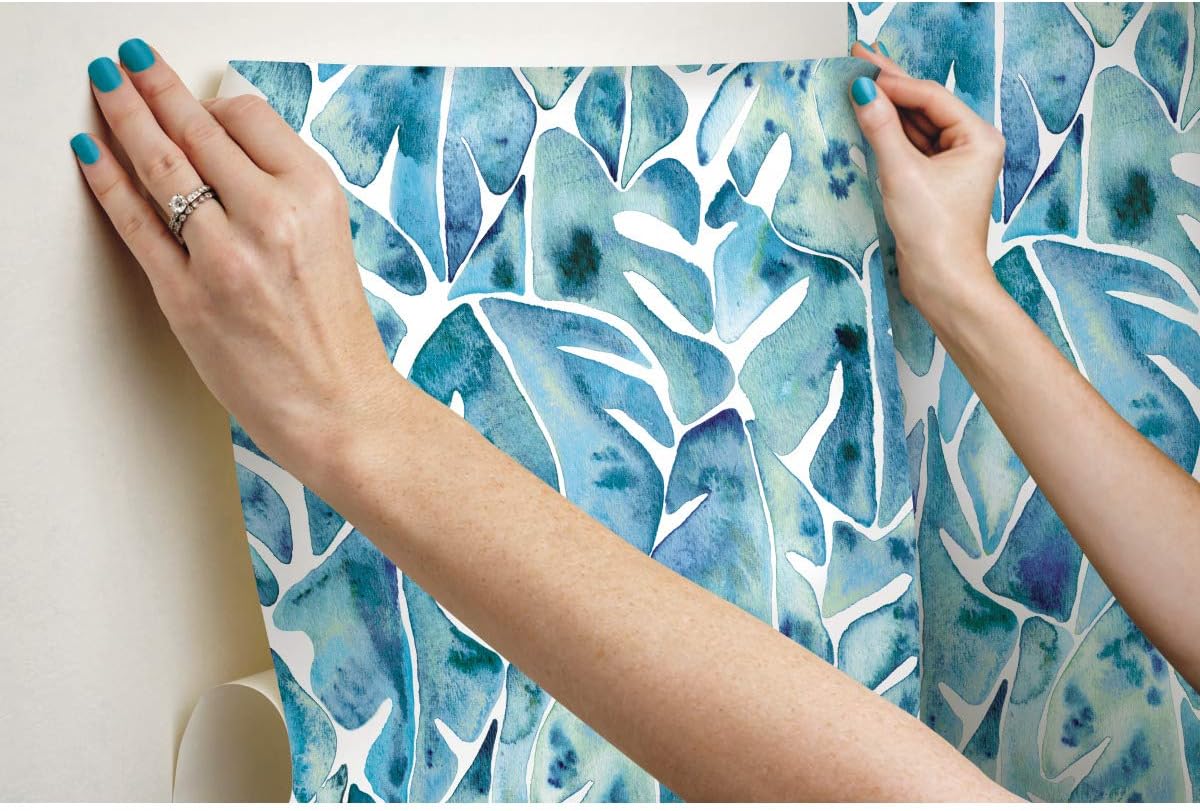 RoomMates RMK11812WP Cat Coquillette Blue Philodendron Peel and Stick Wallpaper