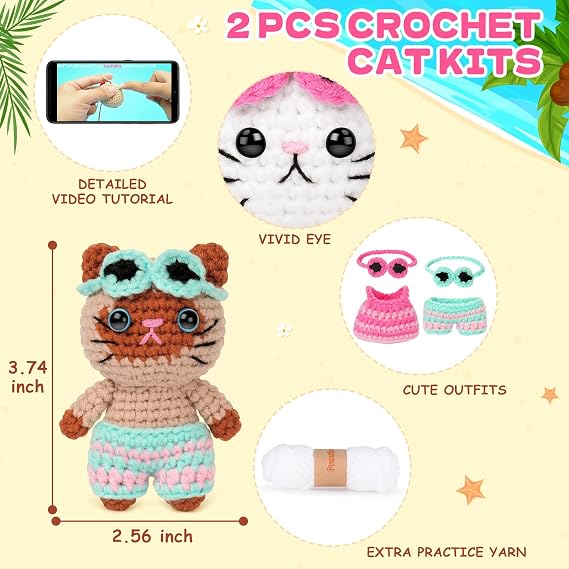 Learning Crochet Kit for Beginners Beach Theme of Cat Crochet Kits Complete Animal Crochet with instruction Knitting Learning Kit Cat Crochet Starter Kit Animal Set Beginners Crochet Kitten Dressing