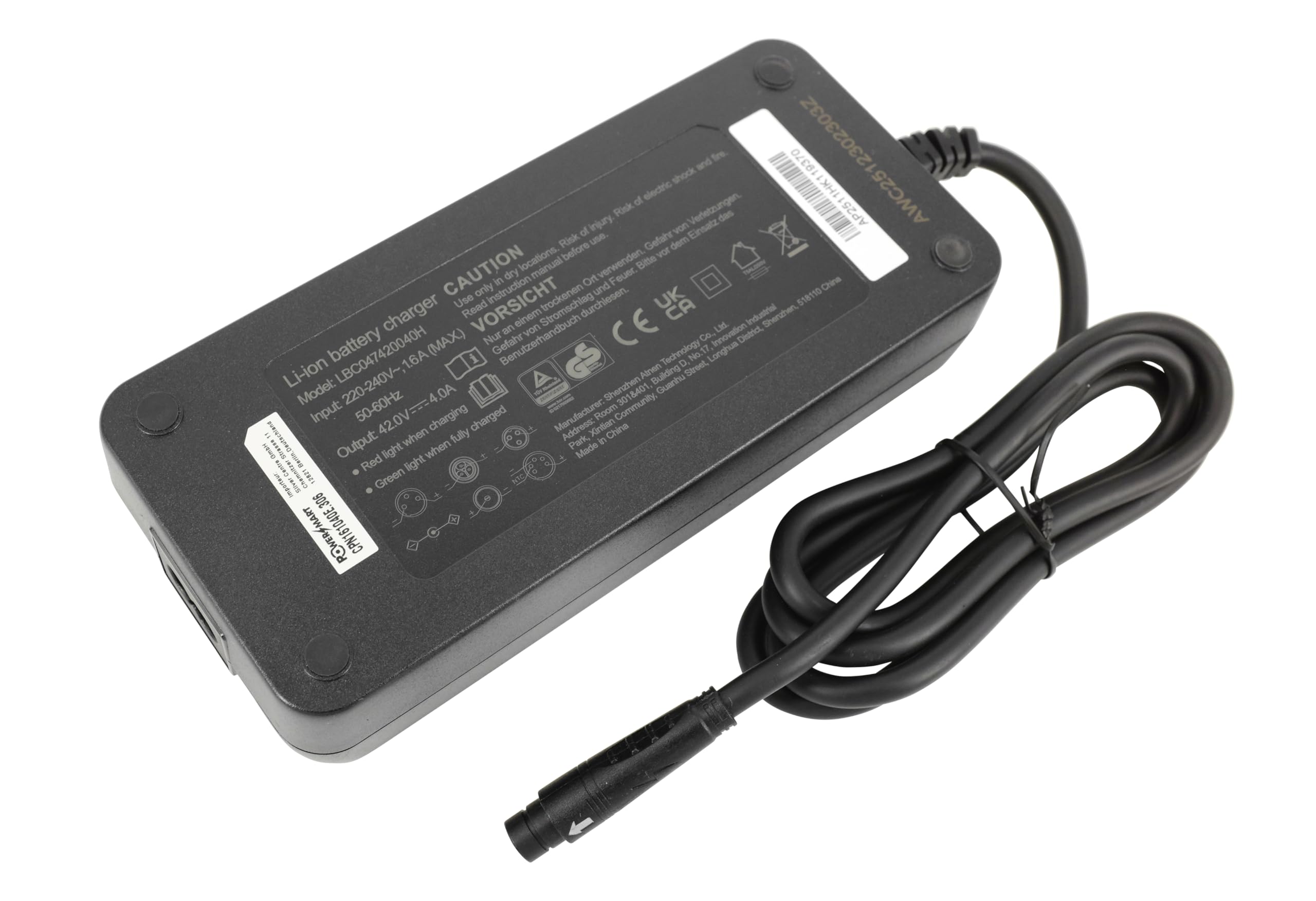 PowerSmart Chargeur 42 V 4 A pour Batteries Lithium-ION 36 V, Compatible avec Le vélo électrique FEU Vert E-Rox (Batterie 36 V IMP 3 Broches)