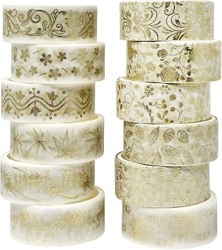allydrew Elegant Gold Foil Washi Tape Box Set for Arts & Crafts, Scrapbooking, Stationery, Diary 12 Rolls, Gold Floral