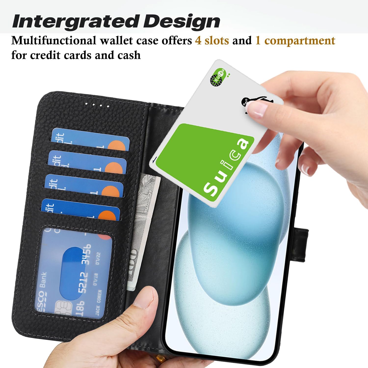 Zouzt Case for iPhone 15 6.1" Genuine Leather Wallet Case with 4 Card Slot, RFID Blocking Card Holder Magnetic Flip Folio Kickstand Shockproof Phone Cover Women Men for iPhone 15 - Black