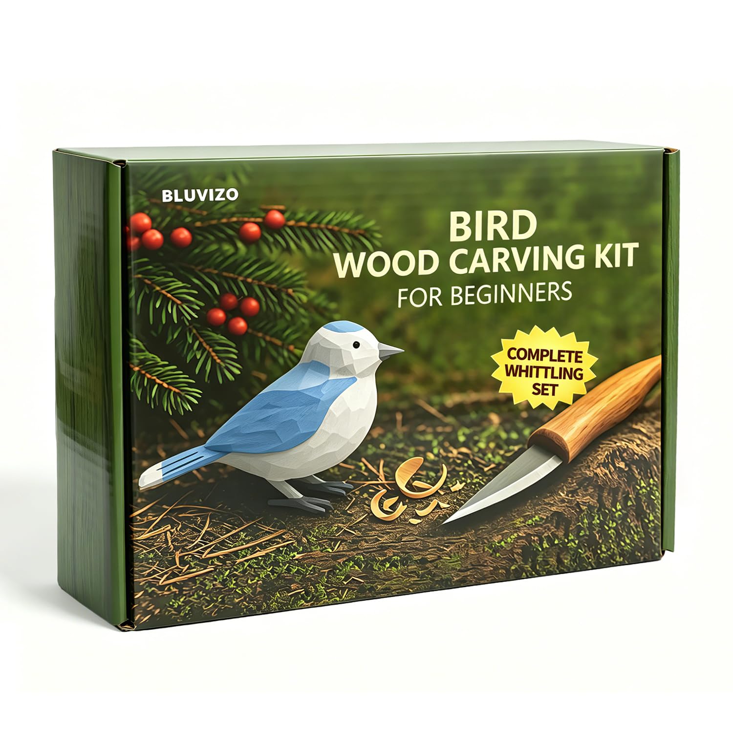 Bluvizo Schnitzwerkzeug Holz Schnitzset für Anfänger: Schnitzmesser Set 25-tlg. zum Schnitzen - HolzSchnitzset Carving Kit mit Anleitung, Handschuhe und Lindenholz für Erwachsene Geschenk