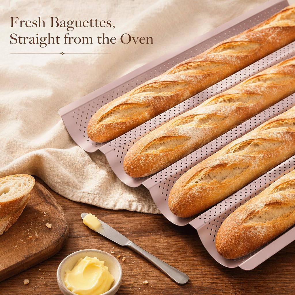 Perforated Baguette Pan, 15-Inch 4 Wave Loaves Non-Stick Ultra-Ventilate French Bread, Hot Dog Buns, Sourdough, Italian Bread Tray 2.8-Inch Channel for Oven Baking 14.8" x 14.2" - Champagne Gold