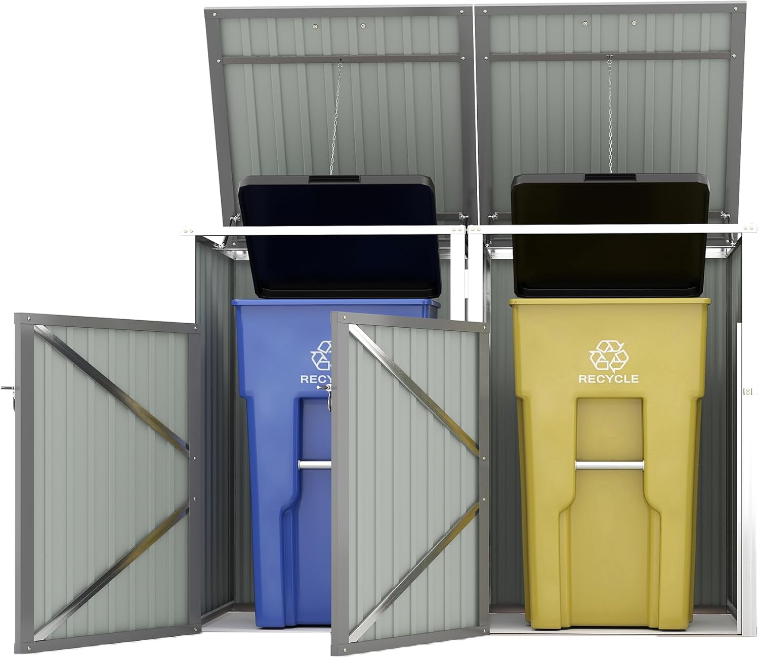 54 Cu.Ft Outdoor Trash Can Storage Shed for 2 Bins, Metal Garbage Bin Enclosure, Waterproof Outdoor Trash Storage Cabinet & Small Generator Shed for Garden & Yard (Light Gray)