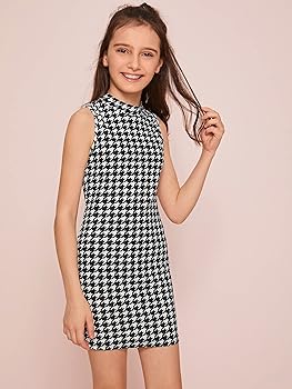 Amazon.com: WDIRARA Girl's Houndstooth Sleeveless Mock Neck Pencil Dress  Casual Bodycon Dresses Black and White 7Y: Clothing, Shoes & Jewelry