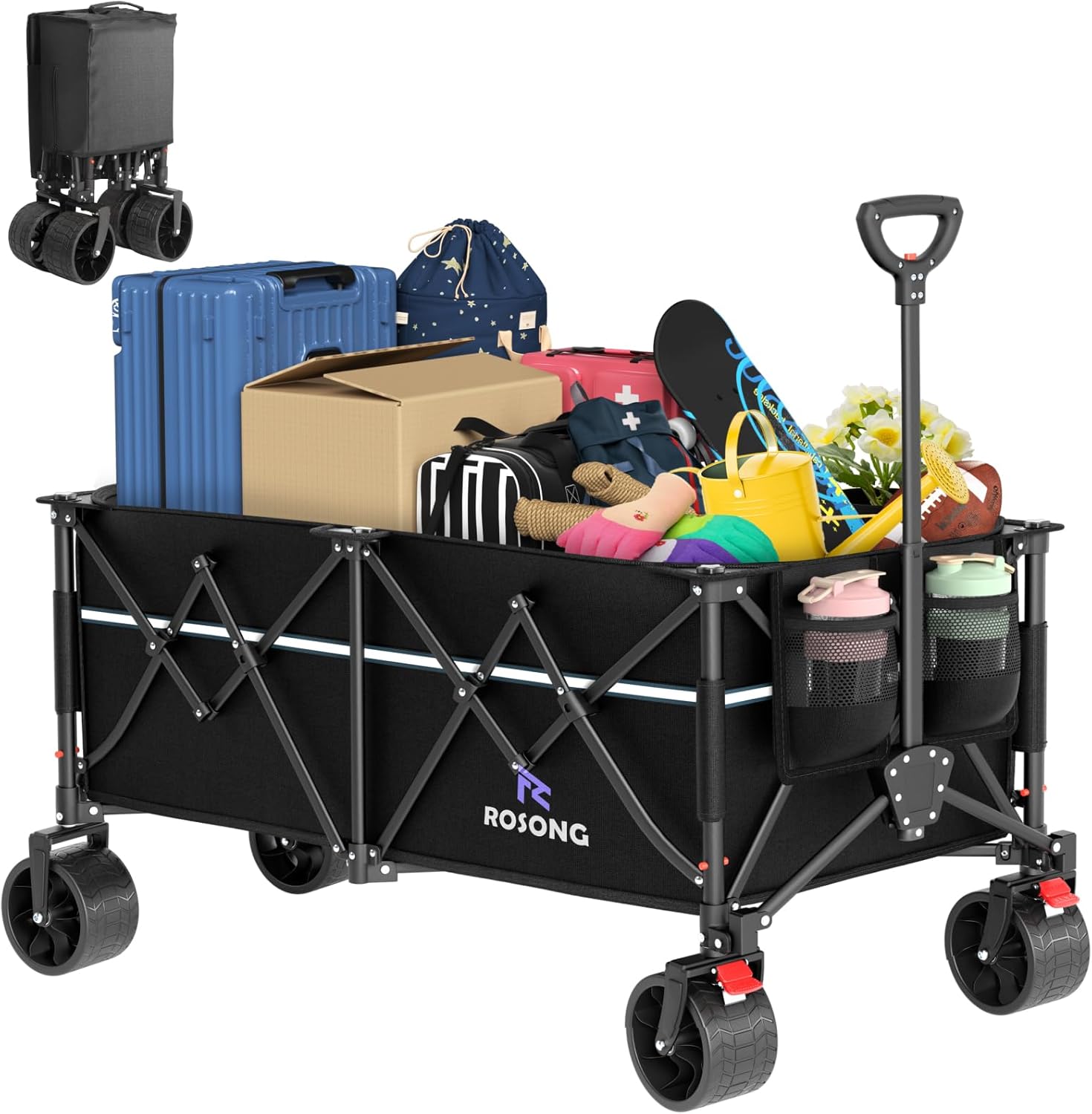 Collapsible Wagon Cart with Wheels Foldable - Folding Utility Heavy Duty Wagons Carts for Grocery Sports Garden Shopping Camping Wheelbarrows (Black, 260L)
