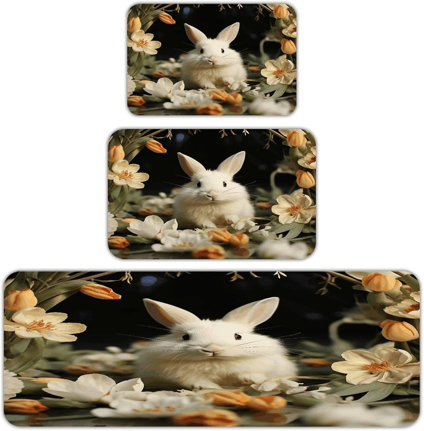 White Rabbit and Lilies Kitchen Rugs Sets of 3 Washable Non Slip Kitchen Rug Water Resistant Carpet Piece Anti Fatigue Kitchen Mats Soft Comfort Standing Mat Modern Area Rug