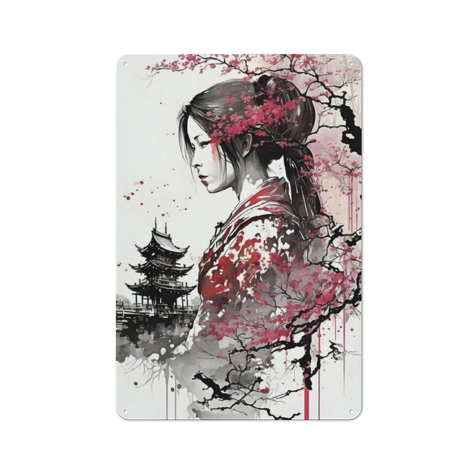 Junmoney Geisha Cherry Blossom 1 Retro Metal Wall Sign 30X20cm With For Bar Or Restaurant, A Housewarming Gift For Hospitality Decor Collectors