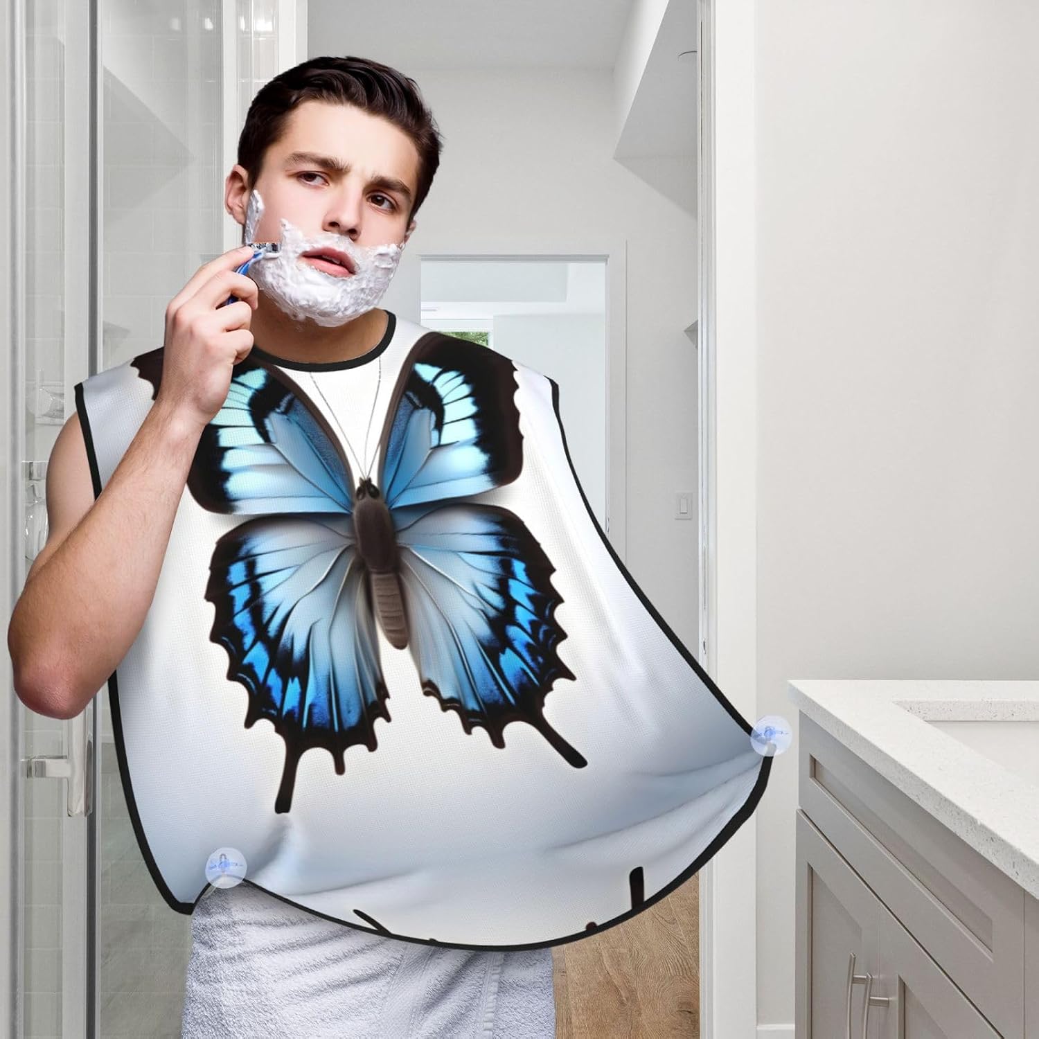 Blue Butterfly Print Beard Bib Apron, Shaving Apron For Dad, Men'S Hair Catcher For Shaving Best Gifts For Dad