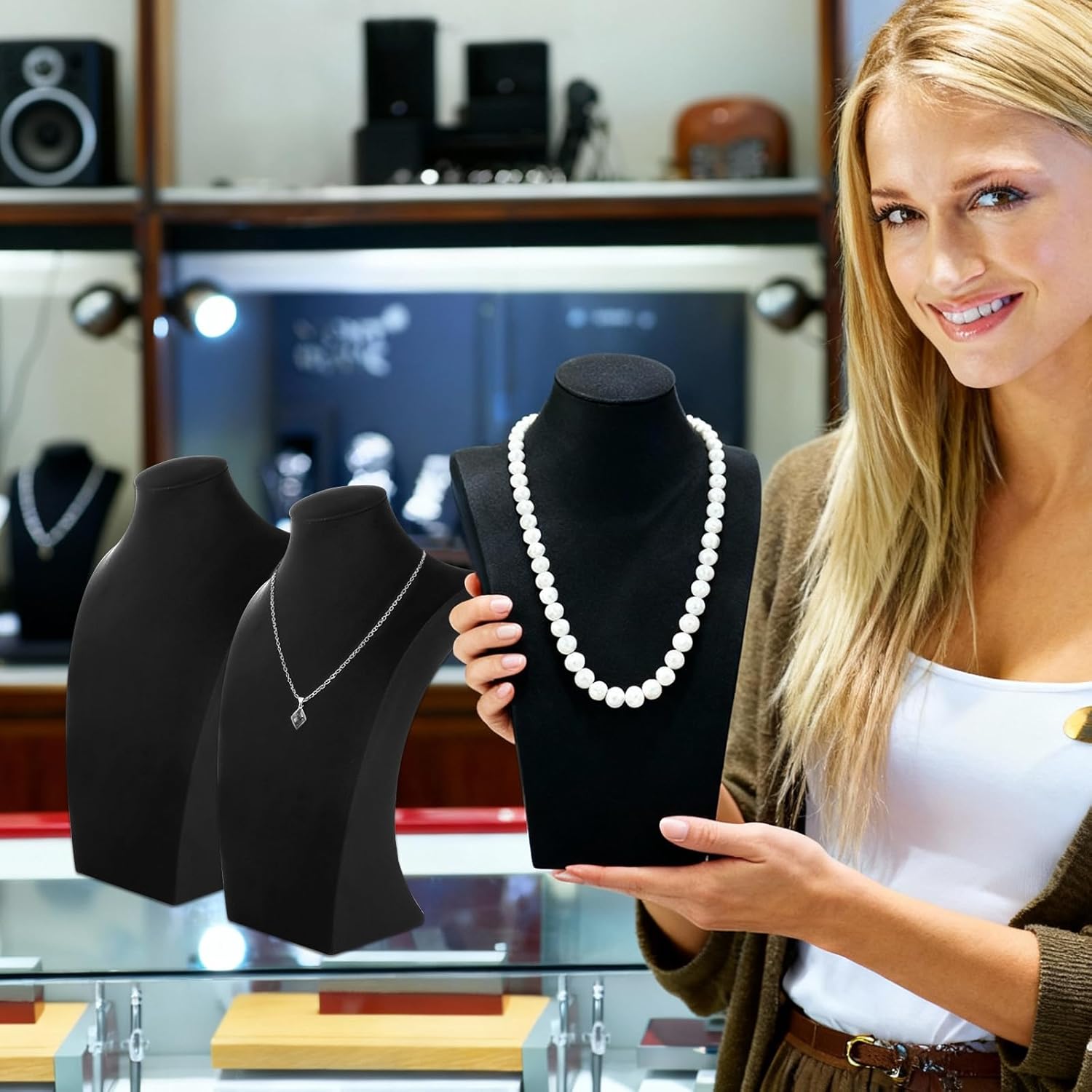 3 Pack Necklace Display Stand, Jewelry Bust Display Stands, Necklace Bust Holder Necklace Mannequin Holder for Selling Home Store Trade Shows Photography Props - Black Velvet (12 x 6.89 Inch)