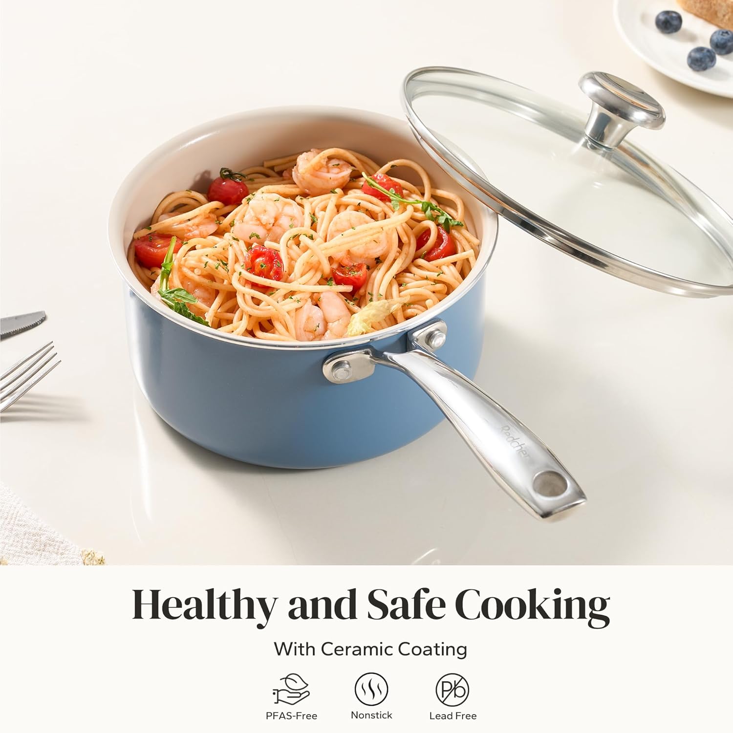 Redchef Ceramic Sauce Pan with Lid, 2.5QT+3.5QT Blue Saucepans Set, Nonstick Cooking Pot Set with Stay-Cool Handle, Non Toxic Small Pot, PTFE & PFOA Free, Oven Dishwasher Induction Safe
