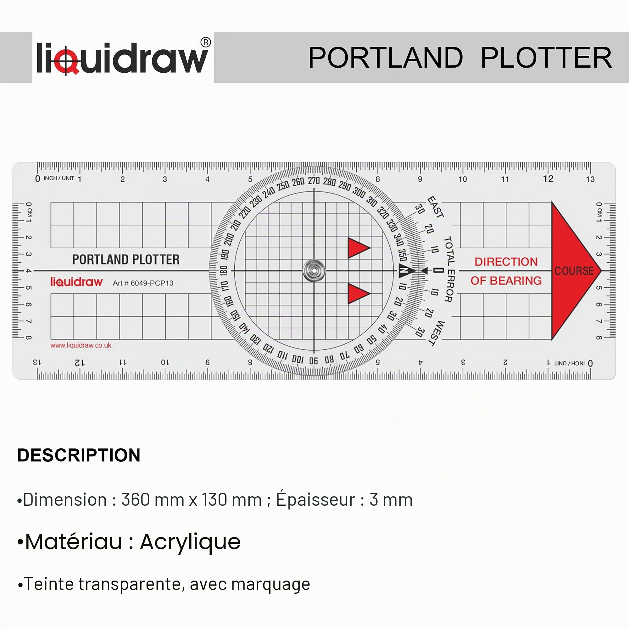Liquidraw Portland Kit de séparation de navigation pour traceur de parcours marin, rapporteur nautique à une main, séparateur droit en laiton massif, 20,3 cm