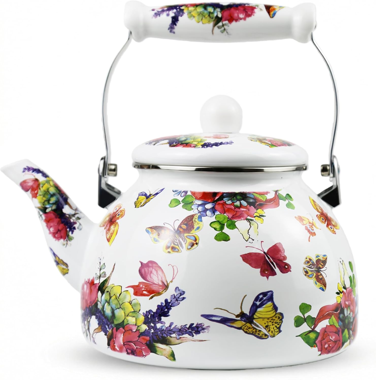 Vintage Floral Butterfly Enamel Tea Kettle, 2.5L Stovetop Teapot with Porcelain Handle, Induction/Gas Stove Compatible, Decorative Kitchen Coffee Kettle Ideal for Housewarming/Christmas Gift