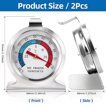 2 Pack Fridge Thermometer Refrigerator Thermometer, Large Dial Freezer Thermometer with Dual-Scale for Freezer Refrigerator Fridge Temperature Cooler